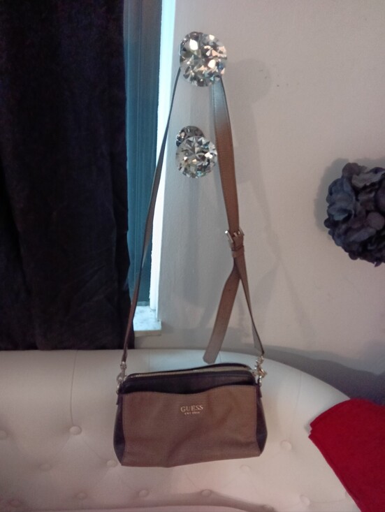 Guess Handbags - Guess Lyndi Small Girlfriend Two-Tone Taupe and Brown Crossbody Bag